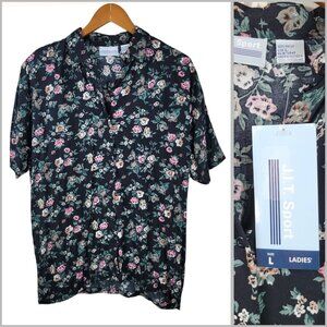 NEW Vintage Top Size Large Button up Rose Floral Alt Cottagecore Black Pink